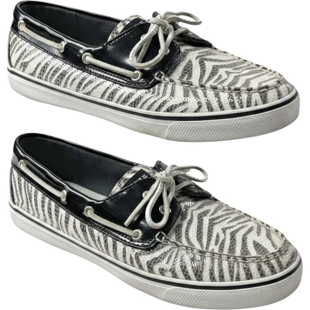 Sperry Womens Boat Shoe Size 10 Canvas Zebra Print Black White Sequins Casual